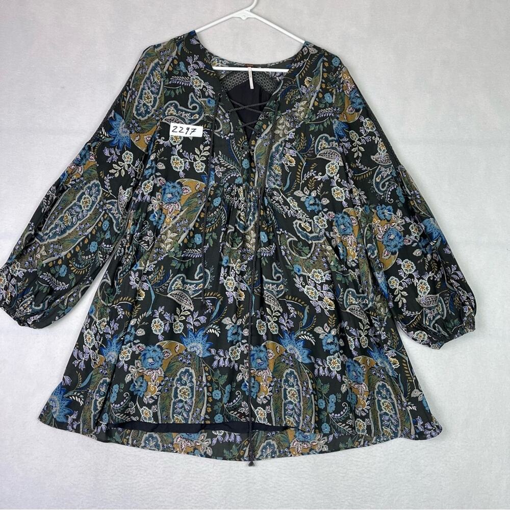 Free People Dress Small Mini Rain or Shine Mini long Sleeve Boho Hippie Tie